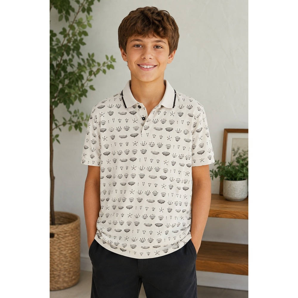 Ted Baker London Youth Polo Shirt Abstract Floral Print Cotton Beige Black